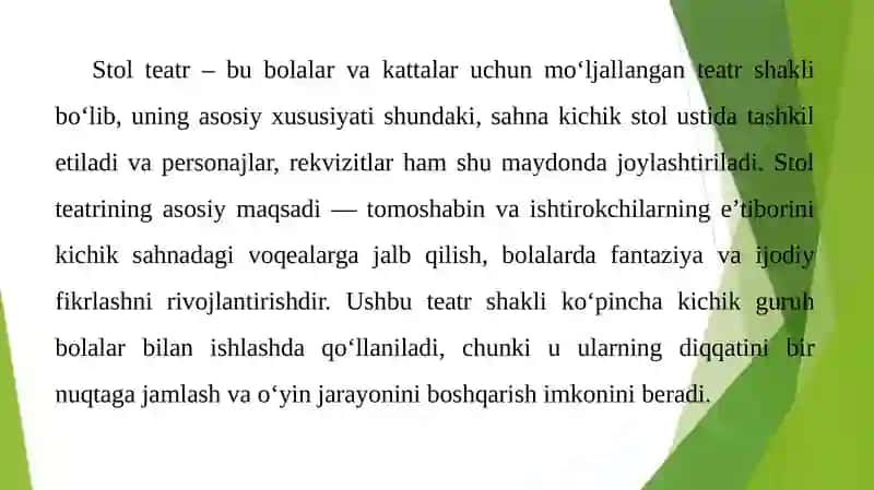 Maktabgacha taʼlim jarayonida stol teatr personajlari orqali bolalarning ijodiy qobiliyatlarini shakllantirish .pptx 3