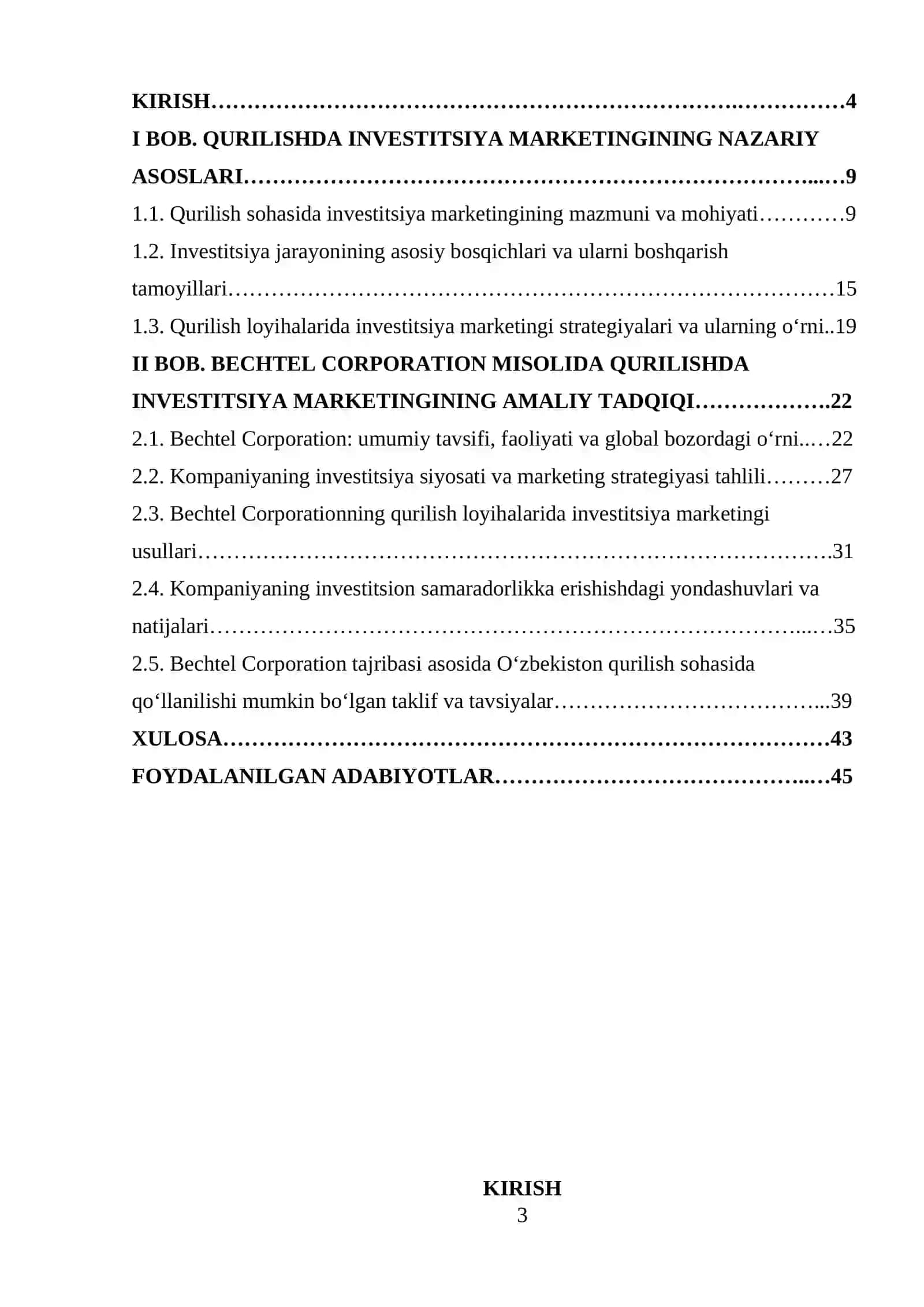 Qurilishda inverstitsiya marketingninig vazifalari va usullari (BECHTEL CORPORATION misolida) mavzusida tayyor kurs ishi 3