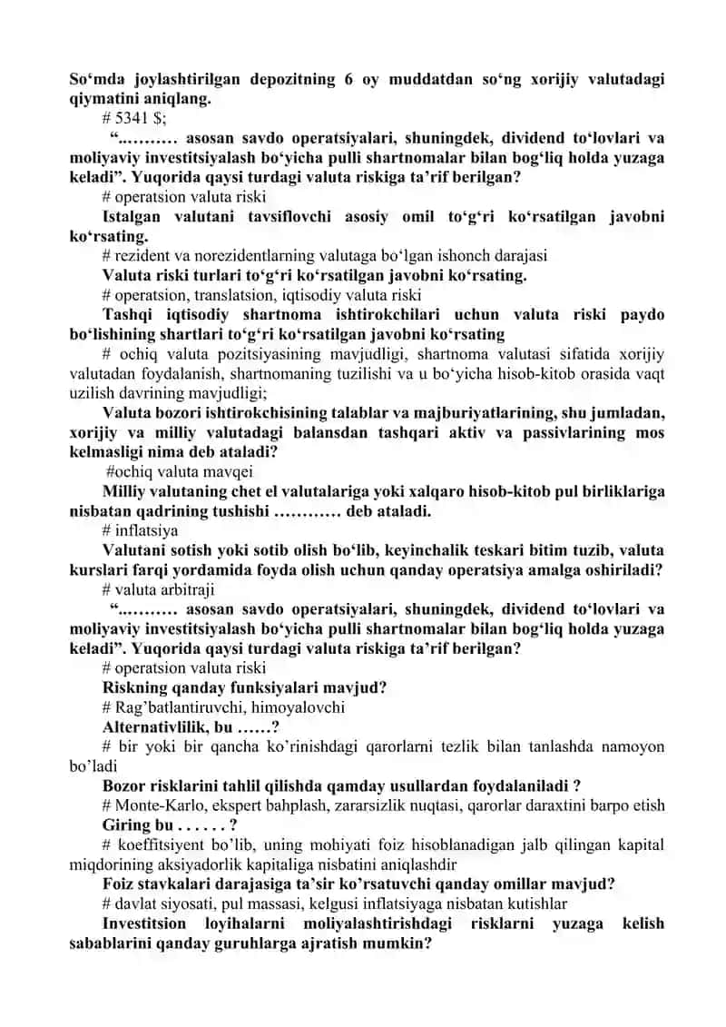 "Moliyaviy risklar" yakuniy nazorat uchun , javobi bilan 3