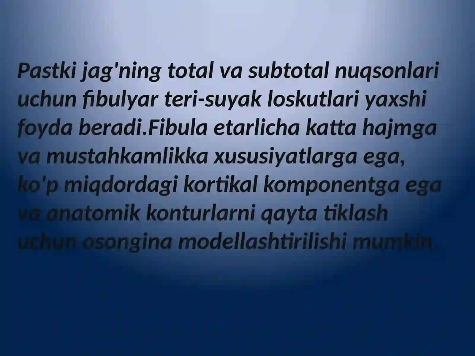 Mikroxirurgiya usullarini qo'llab yuz jag' sohasi nuqson va shakl buzilishlarini plastikasi.Yuz toʻqimalari plastikasi 3