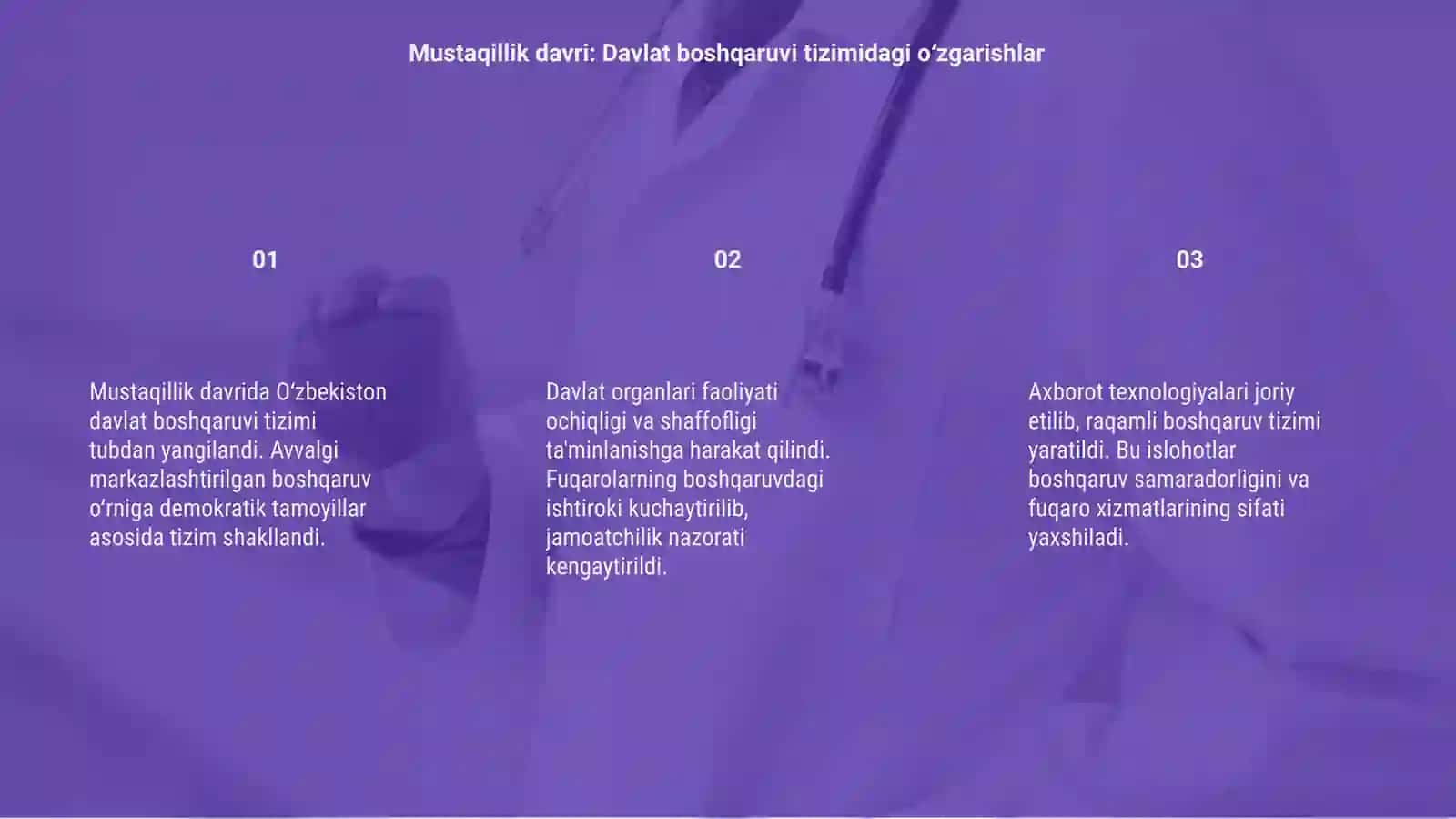 Mustaqillik yillari davlat boshqaruvi tizimida amalga oshirilgan isloxotlarning xususiyatlari haqida slayd 3