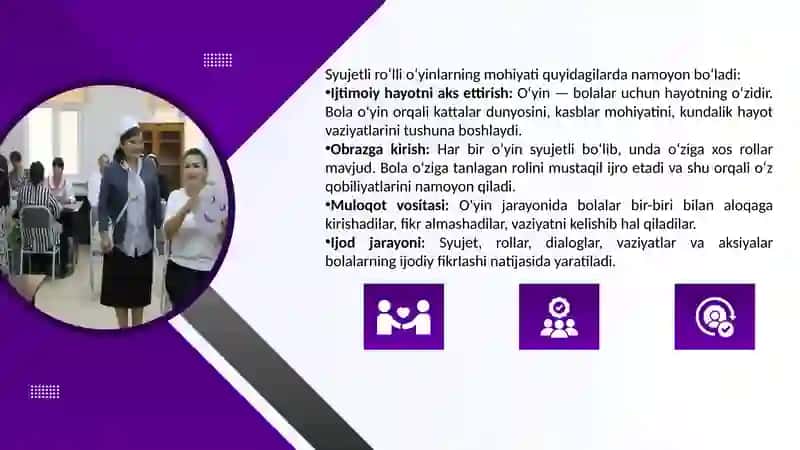Syujetli roʻlli oʻyinlar va sahnalashtirish markazida oʻyinli talimni tashkil etish 3