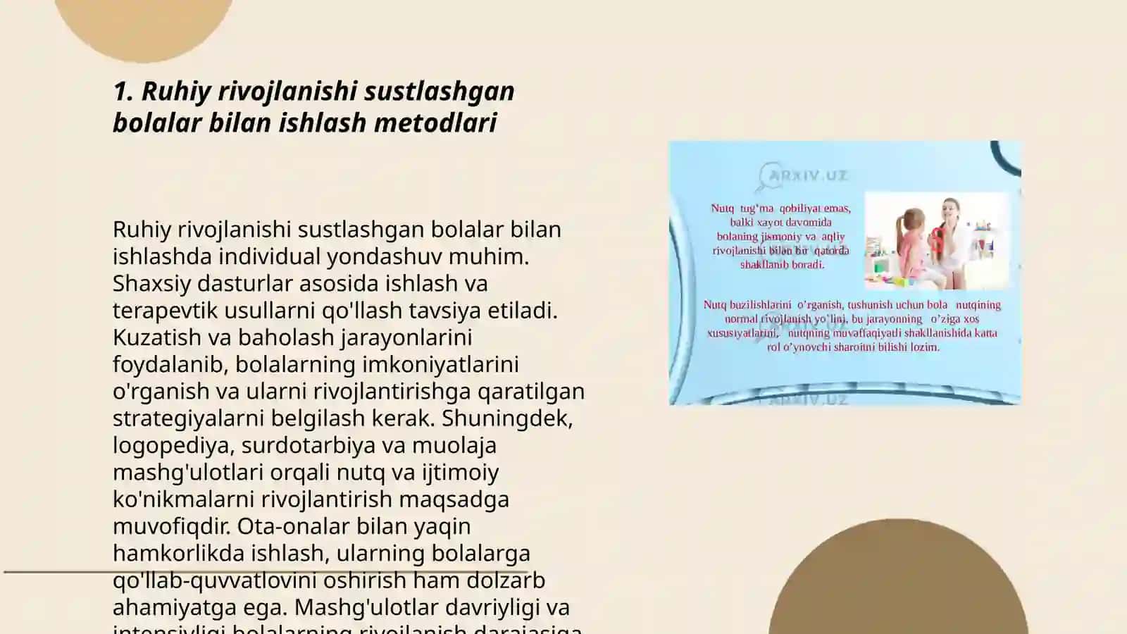 Ruhiy rivojlanishi sustlashgan bolalar bilan ishlash va Autizm sindromli bolalar pedagogik ishlarni amalga oshirish 3