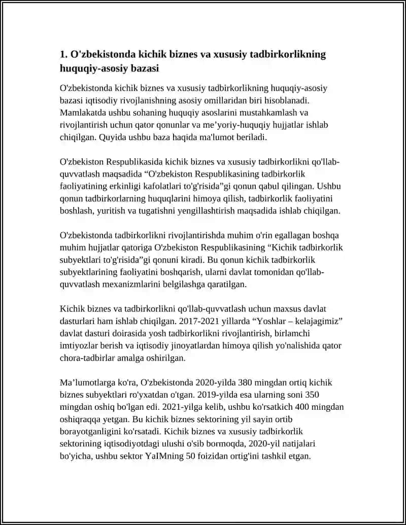 O'ZBEKISTONDA KICHIK BEZNES VA XUSUSIY TADBIRKORLIKNING RIVOJLANISHI.BIRJA SAVDOSI 3