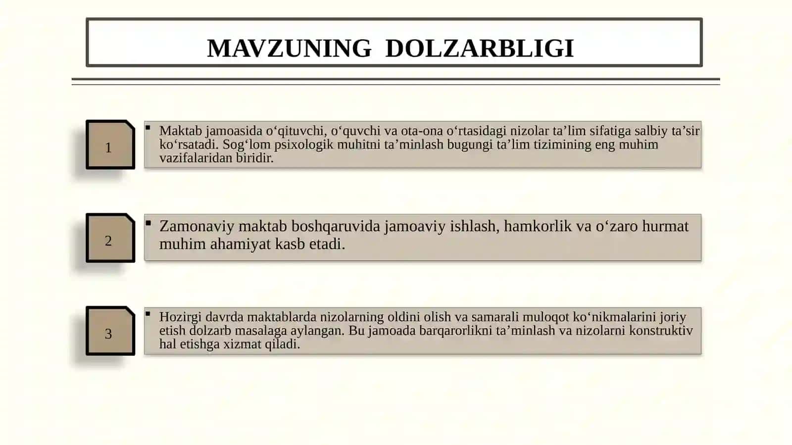 MAKTABDA JAMOAVIY O‘RTASIDAGI NIZOLARNING OLDINI OLISH VA BARTARAF ETISH. MAUZUSIDAGI AMALIY TOPSHIRIQ TAQDIMOTI 3
