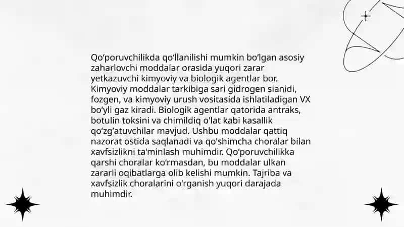 Qoʻporuvchilik maqsadida qoʻllanilishi ehtimoli yuqori boʻlgan zaharlovchi moddalar va ularni bartaraf etish chora tadbirlari haqida umumiy tushunchalar 3
