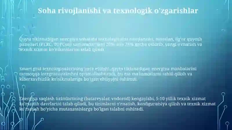 Qayta tiklanuvchi energiya manbalaridagi kasbiy o'zgarishlarning talablarini aniqlash 3