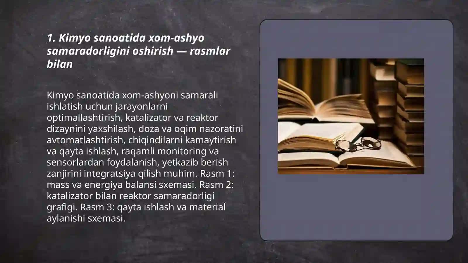 Kimyo sanoatida xom-ashyo va energiyadan unumli foydalanish mavzusida kengaytirilgan malumot ber rasmlari bn 3
