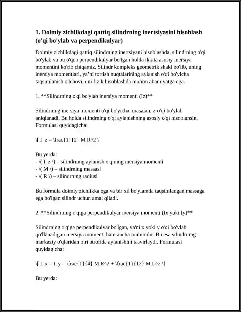 Doimiy zichlikdagi qattiq silindrning inertsiyasini hisoblash 3