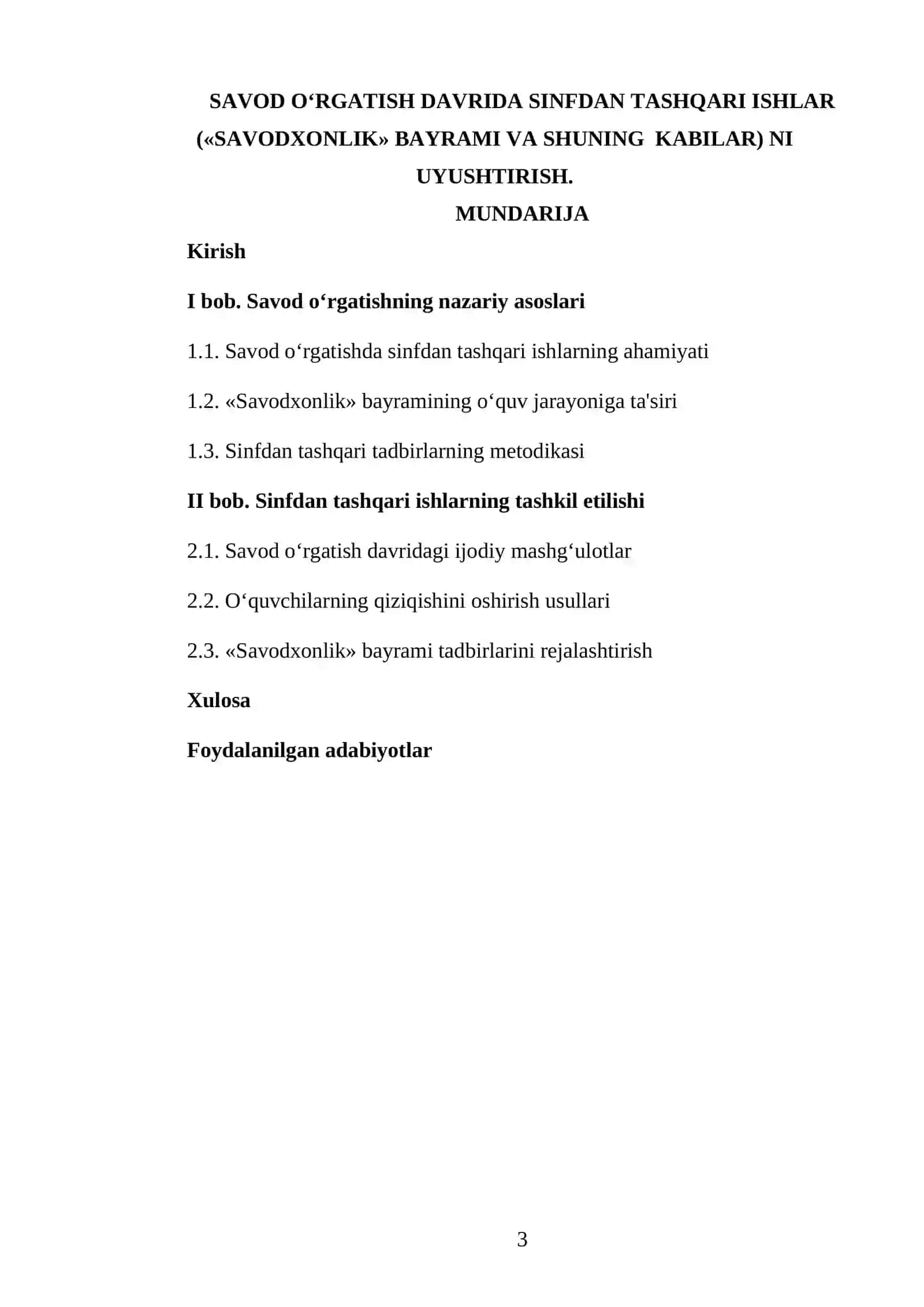 ONA TILI-OQISH SAVODXONLIGI VA UNI OʻQITISH METODIKASI FANIDAN TAYYORLAGAN KURS ISHI 3