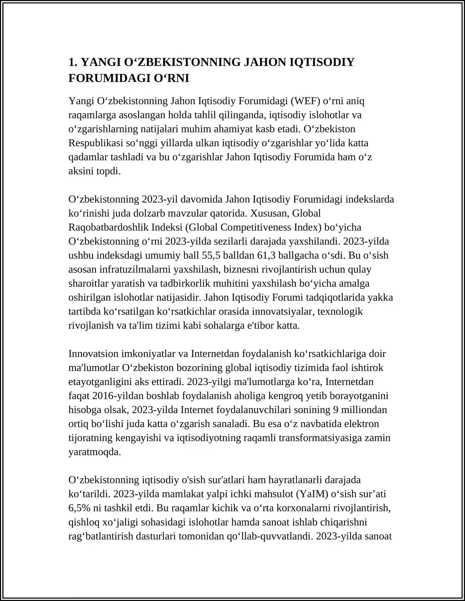 YANGI O‘ZBEKISTON IJTIMOIY-SIYOSIY, IQTISODIY VA MADANIY HAYOTIDA ROʻY BERAYOTGAN OʻZGARISHLARNING XALQARO REYTING VA INDEKSLARDA AKS ETISHI 3