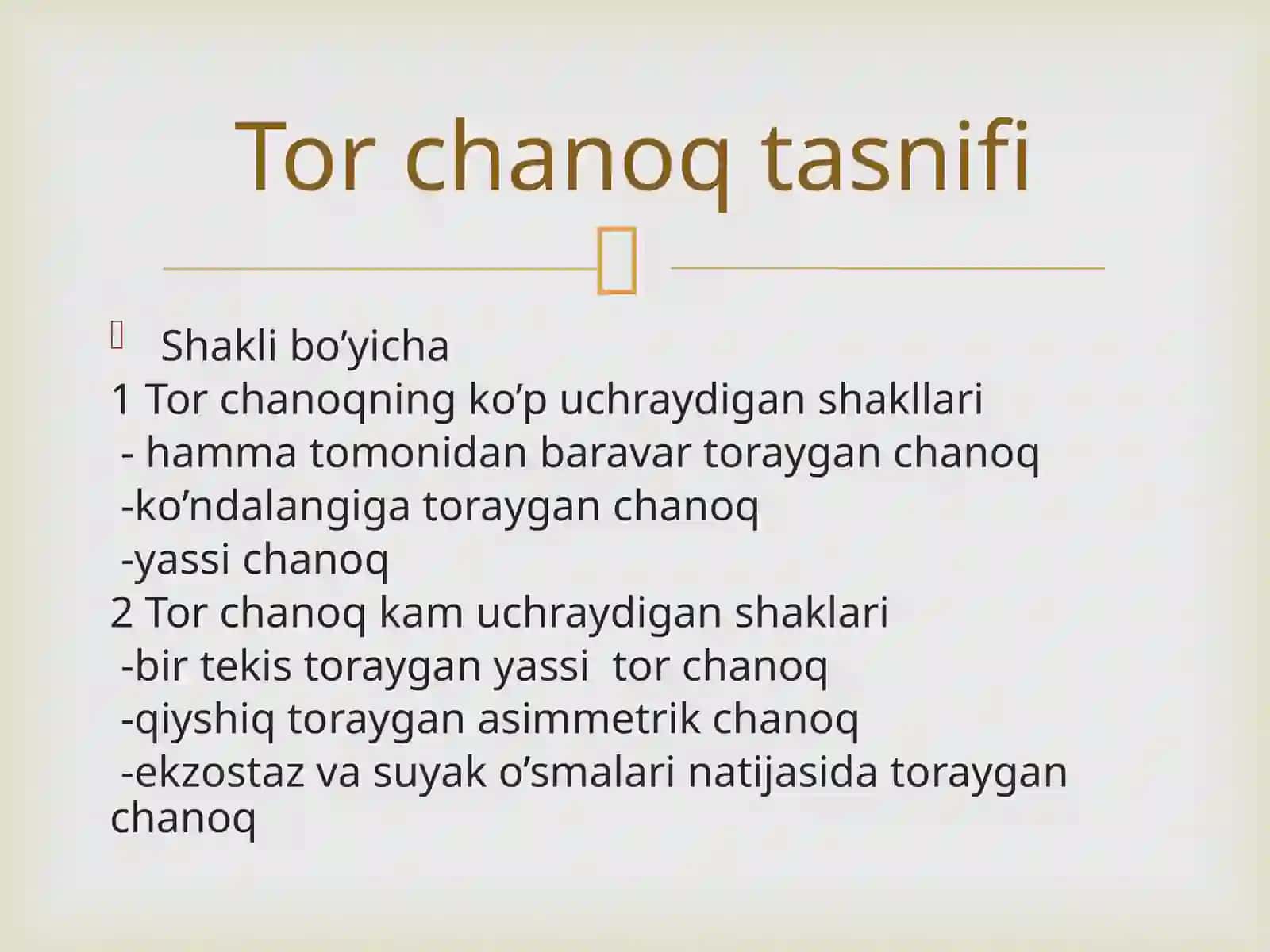 Tor chanoq etiologiyasi,tasnifi,tashxislash.Tug’dirish usullari.Homiladorlik va tug’ruqni kechishi.Anotomik va klinik tor chanoqlarda tug’dirish usullari.Homila boshi va ona chanog’i disproporsiyasi.Funksional tor chaqonni kelib chiqish 3