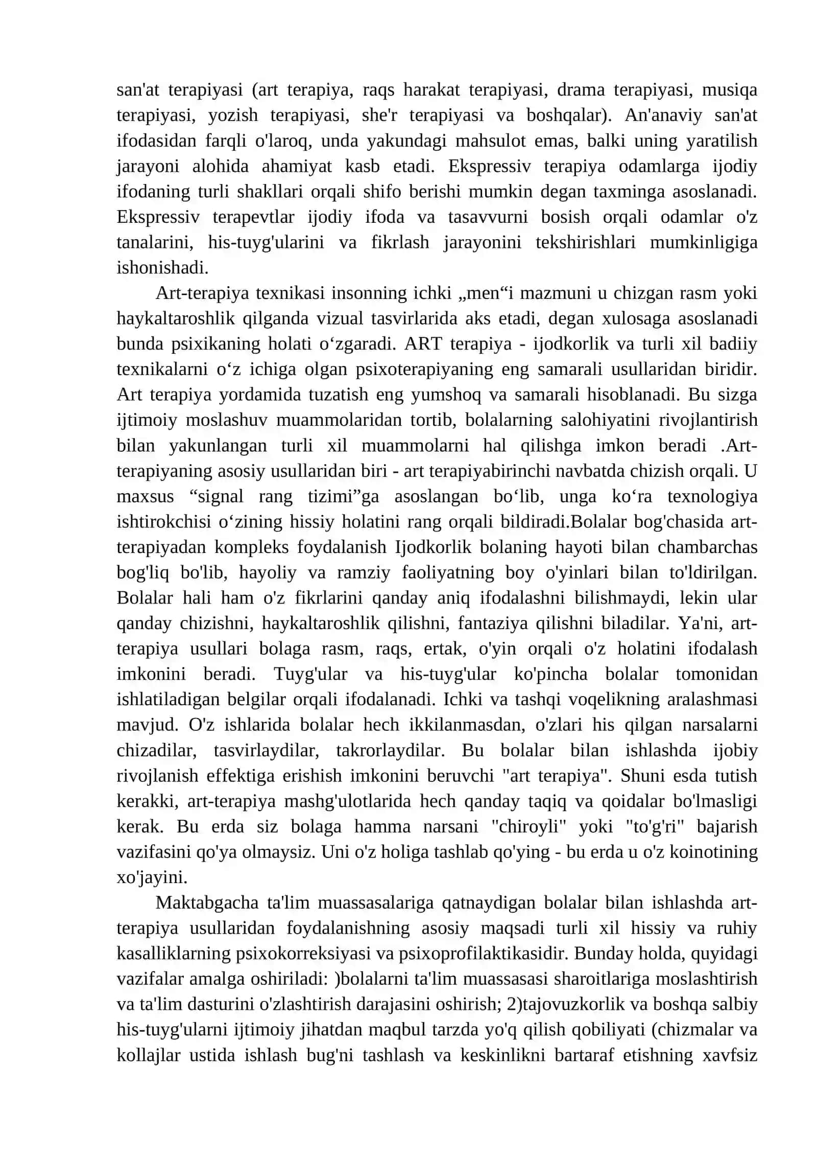 Artterapiya treningining ahamiyati.Maktabgacha ta’lim tashkilotlarida savodga o‘rgatishda multimedialarning o‘rni. Musiqa terapiya turlari va metodlari Artterapiya va uning shaxs rivojlanishidagi o‘rni Artterapiya va uning shaxs rivojlanishidagi o‘rni Maktabgacha ta’lim tashkilotlarida savodga o‘rgatishda multimedialarning o‘rni. Maktabgacha tayyorlov guruh bolalarini savodga o‘rgatishda multimedialarni tatbiq etish. 3