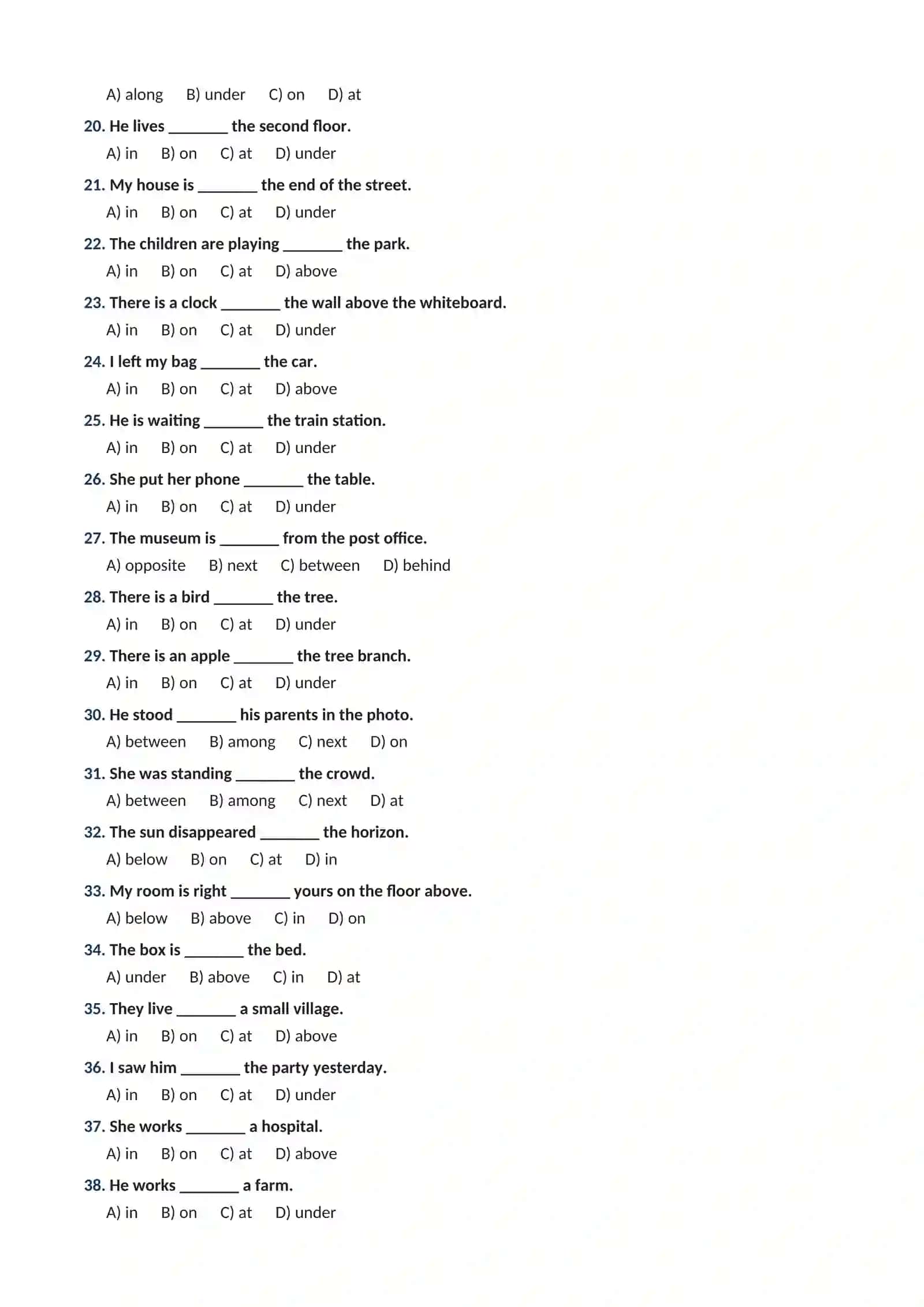 PREPOSITIONS OF PLACE: 100 TA TEST TOPSHIRIQLARI .O'rin-joy predloglariga oid 100 ta test 3
