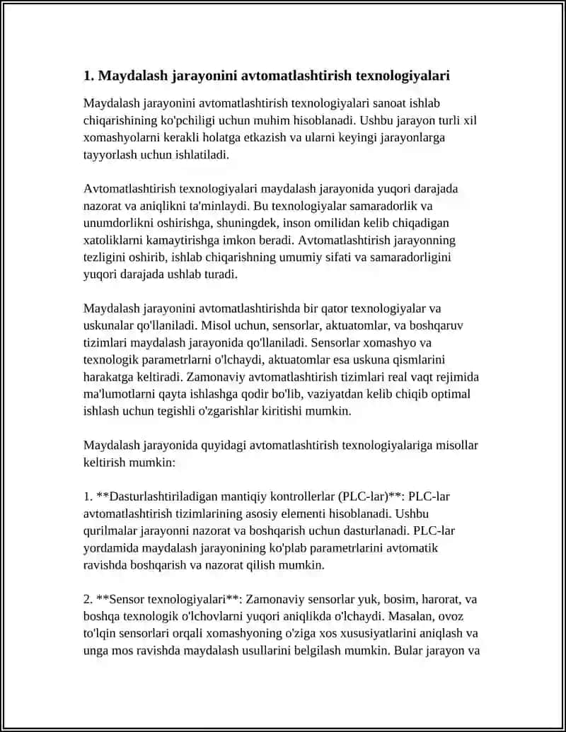 QATTIQ MATERIALLARINI MAYDALASH JARAYONINI AVTOMATLASHTIRISH 3
