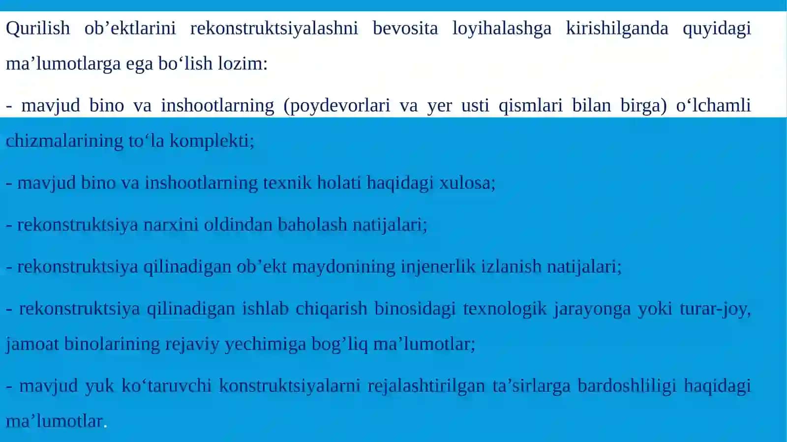 Rekonstruksiya ishlari uchun ma’lumot olish. rekonstruksiya qilinayotgan obyekt  maydonida injenerlik izlanishlar 3