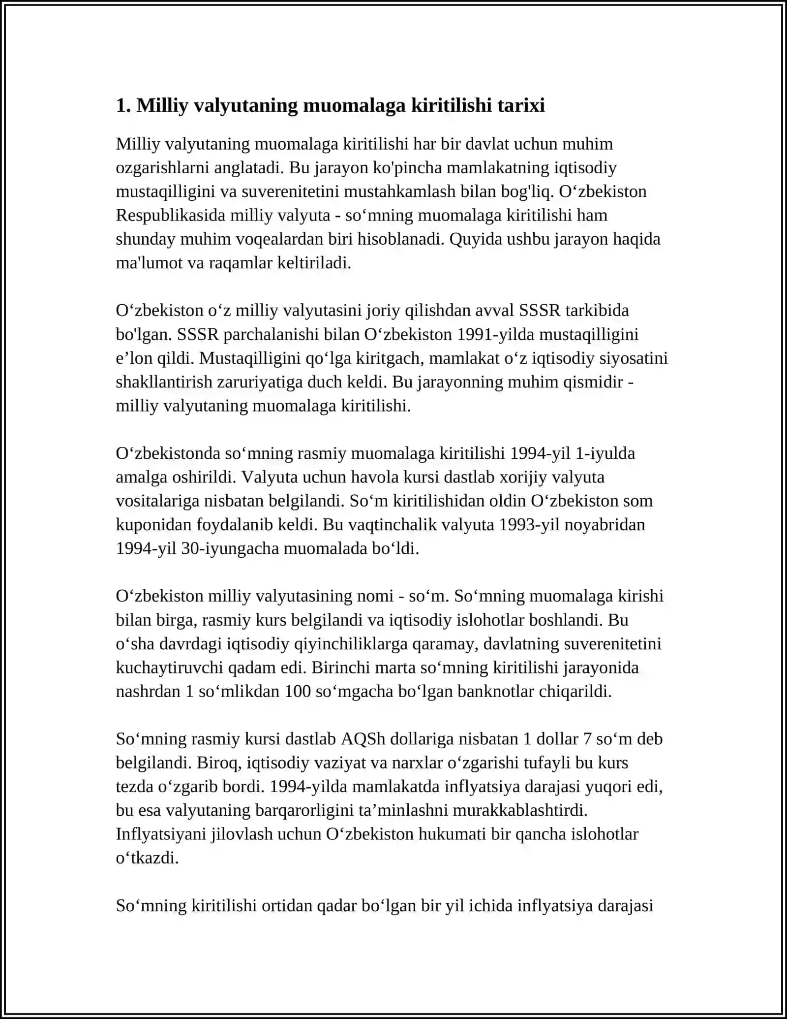 MUSTAQIL ISH Mavzu: OʻZBEKISTONDA MILLIY VALYUTANING MUOMALAGA KIRITILISHI 3