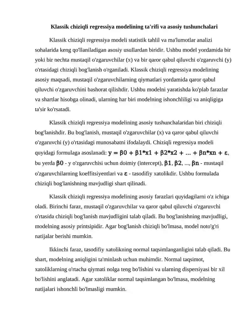 Klassik chiziqli regressiya modelining asosiy farazlari 3