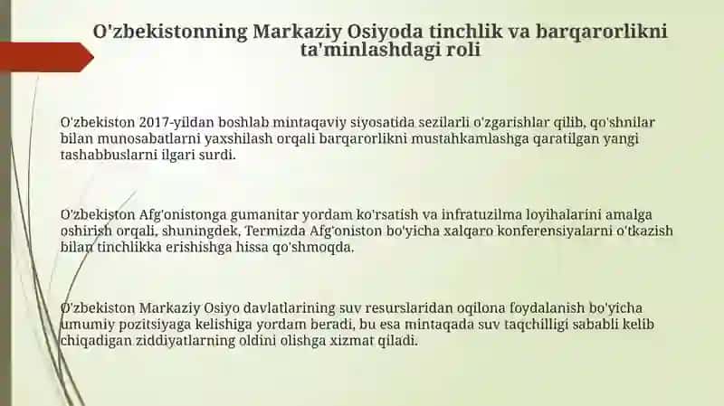 O'zbekistonning Markaziy Osiyoda tinchlik va barqarorlikni ta'minlash yoli 3