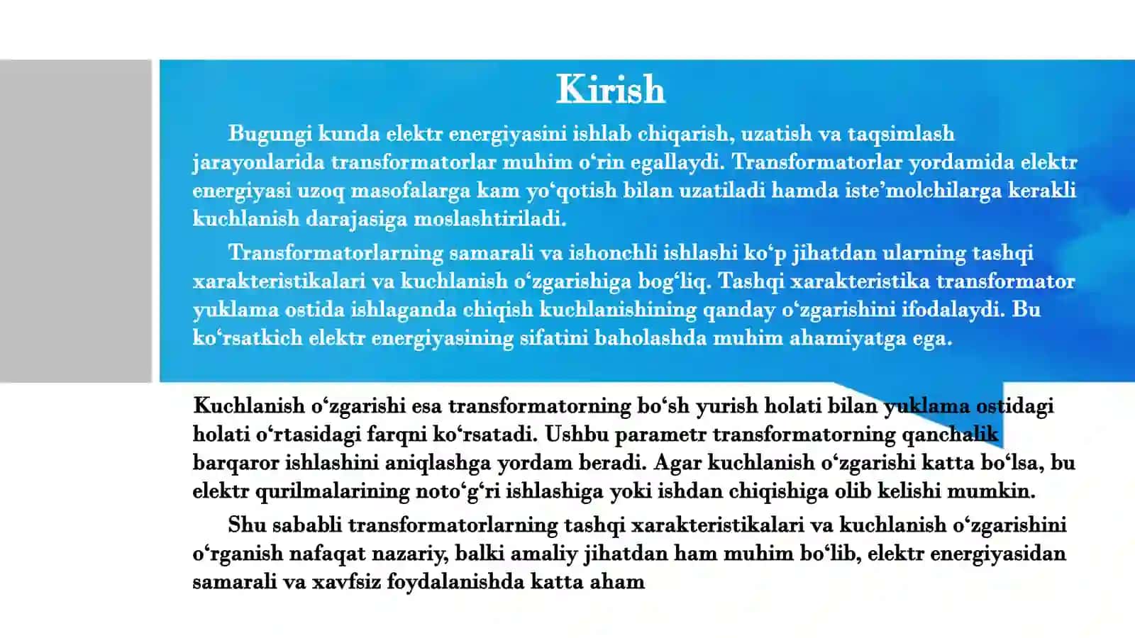 Transformatorlarning tashqi xarakteriskalari va kuchlanish o‘zgarishi 3