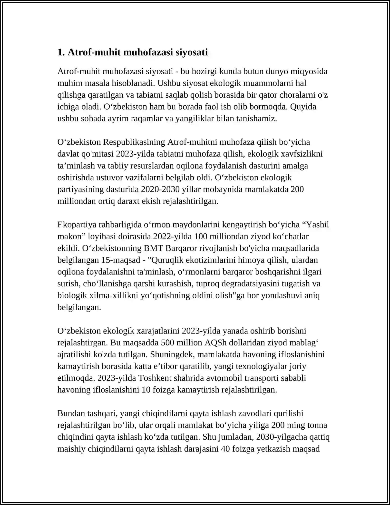 OROL FOJIASI, EKOLOGIK HOLATNI YAXSHILASH BORASIDA DAVLAT SIYOSATI 3