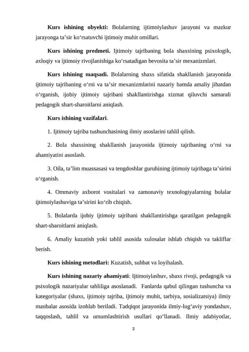 IJTIMOIY TAJRIBANING BOLALAR SHAXSIGA TA’SIRI KURS ISHI 3