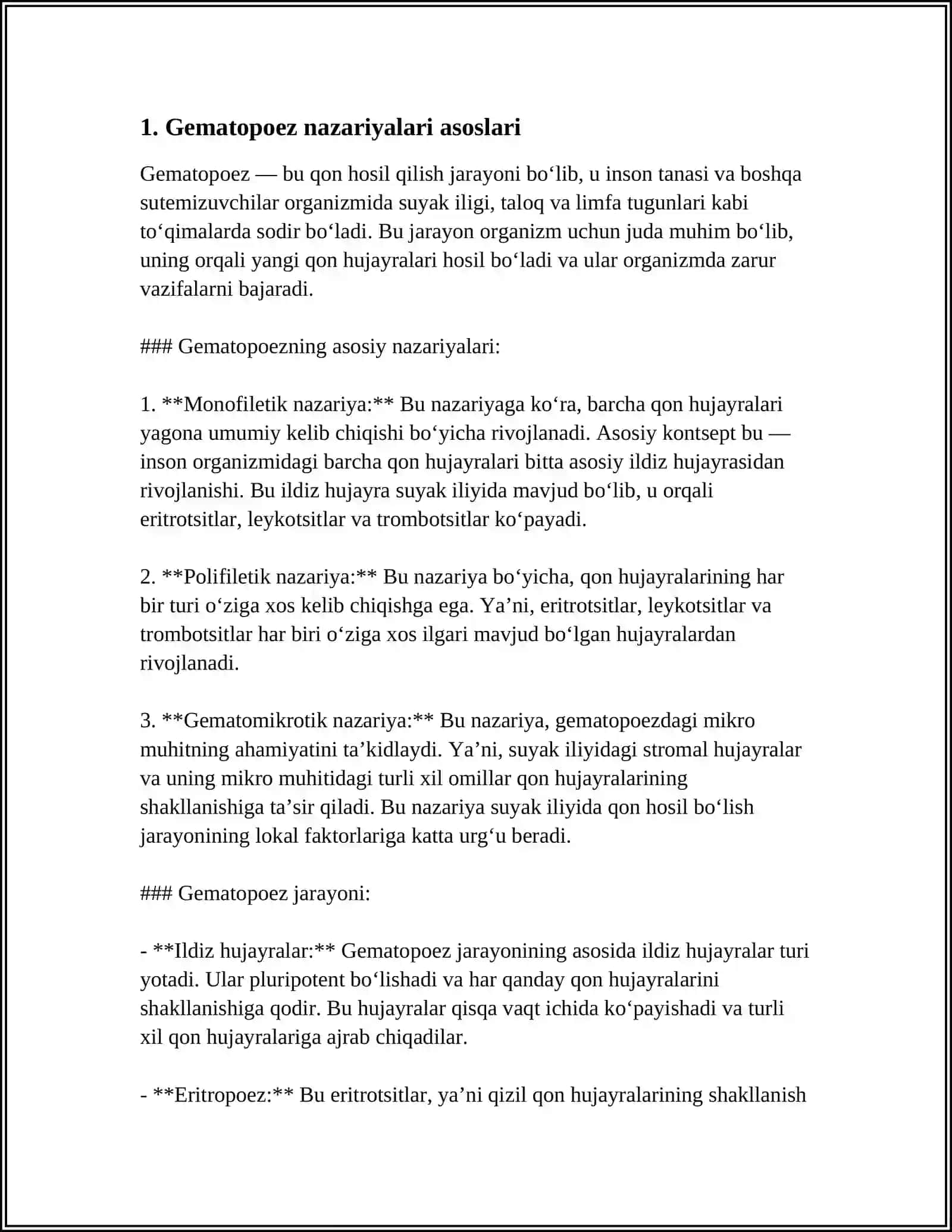 GEMATOPOEZ NAZARYALARI.A.A.MAKSIMOVGA KO'RA GEMAPOEZ NAZARYASINING MOHIYATI. QONNING O'ZAK HUJAYRASI.MORFO- FUNKSIONAL XARAKTERISTIKASI 3