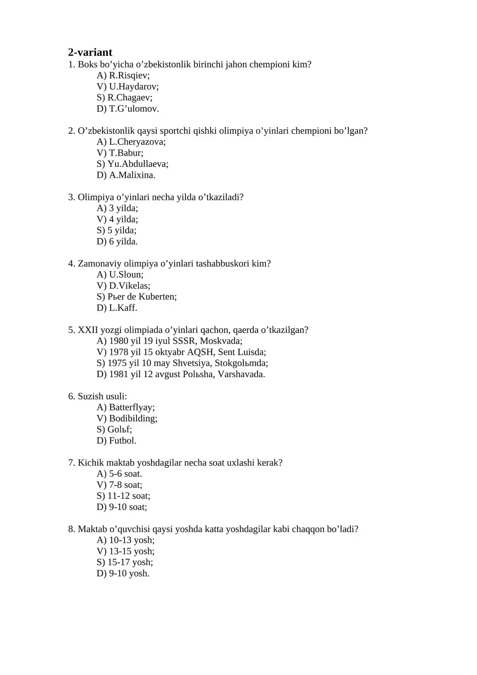 Jismoniy tarbiya fanidan test 3