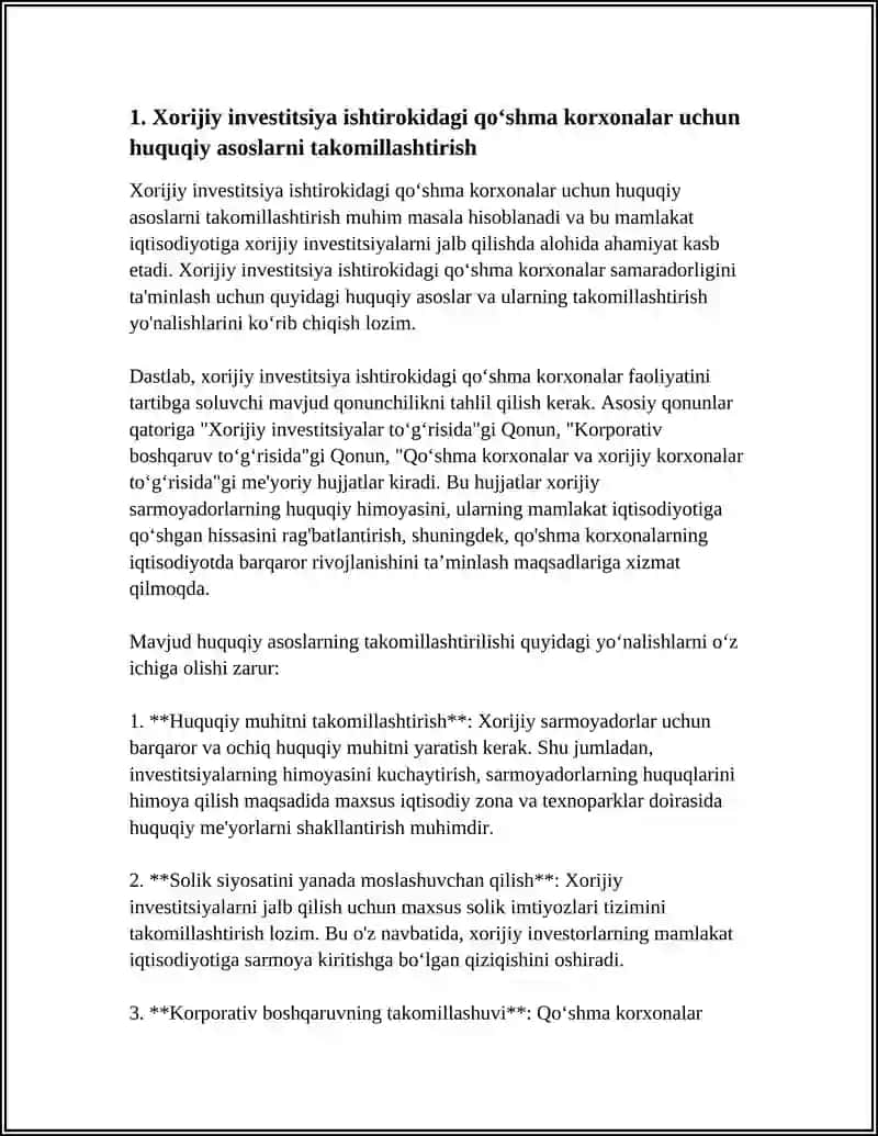 XORIJIY INVESTITSIYA ISHTIROKIDAGI QOSHMA KORXONALAR FAOLIYATI SAMARADORLIGINI TA'MINLASH 3