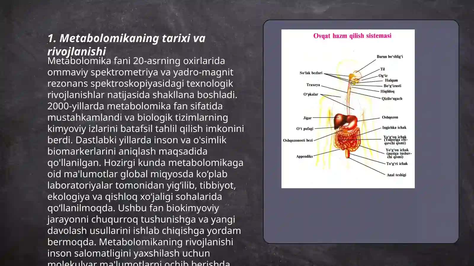 Metabolomika (tirik hujayralarda sodir bo'ladigan jarayonlarga xos noyob kimyoviy "barmoq izlari" ni tizimli o'rganish.) fanining asoslar 3