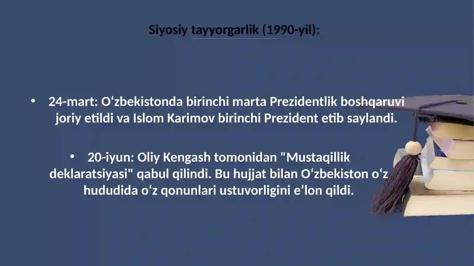 O'zbekiston Respublikasining tashkil topishi va uning tarixiy ahamiyati. O'ziga xos istiqlol va taraqqiyot yo'li 3