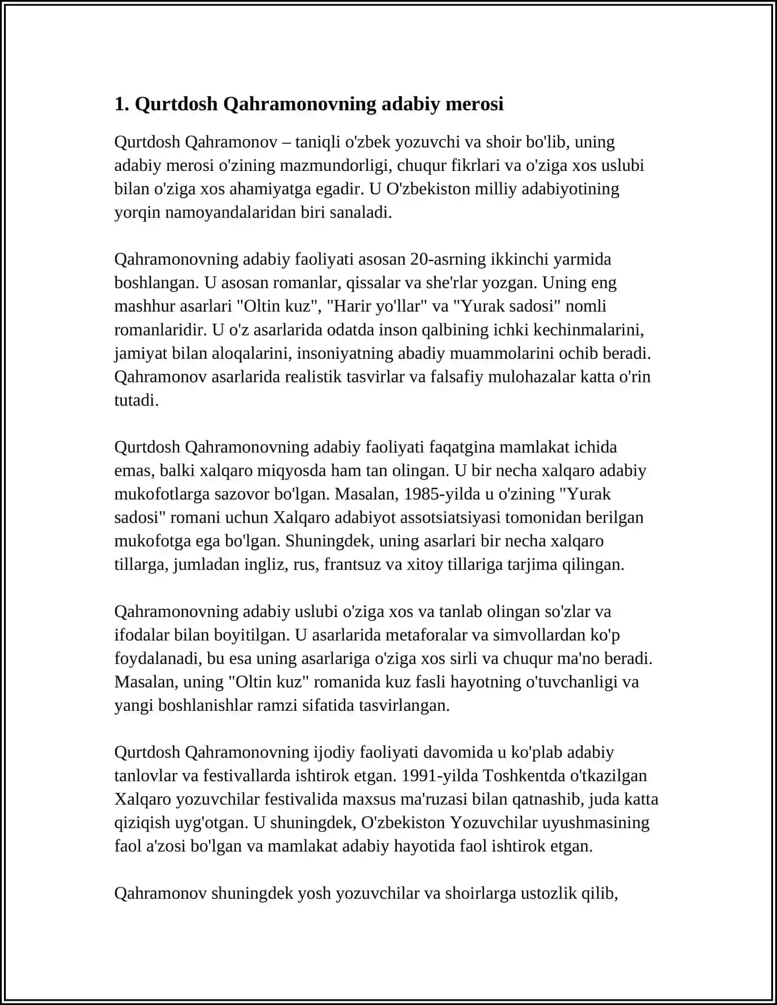 MUSTAQIL ISH Mavzu: QURDOSH QAHRAMONOV ADABIY TANQID YANGILANISH JARAYONLARI KITOBINI O'QIB O'RGANISH 3