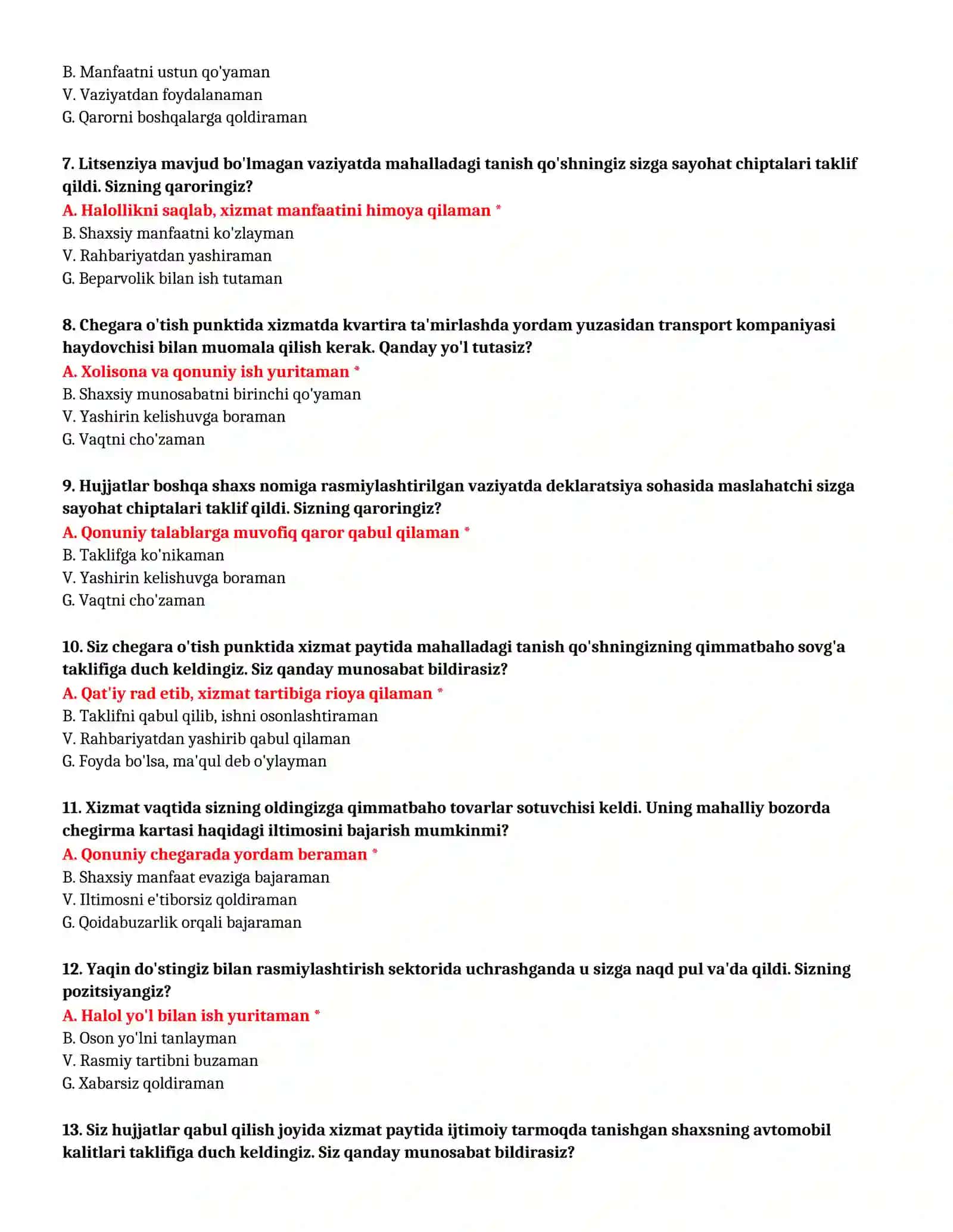 BOJXONA AKADEMIYASI - KASBIY TANLOV TEST SAVOLLARI (№ 34) 3