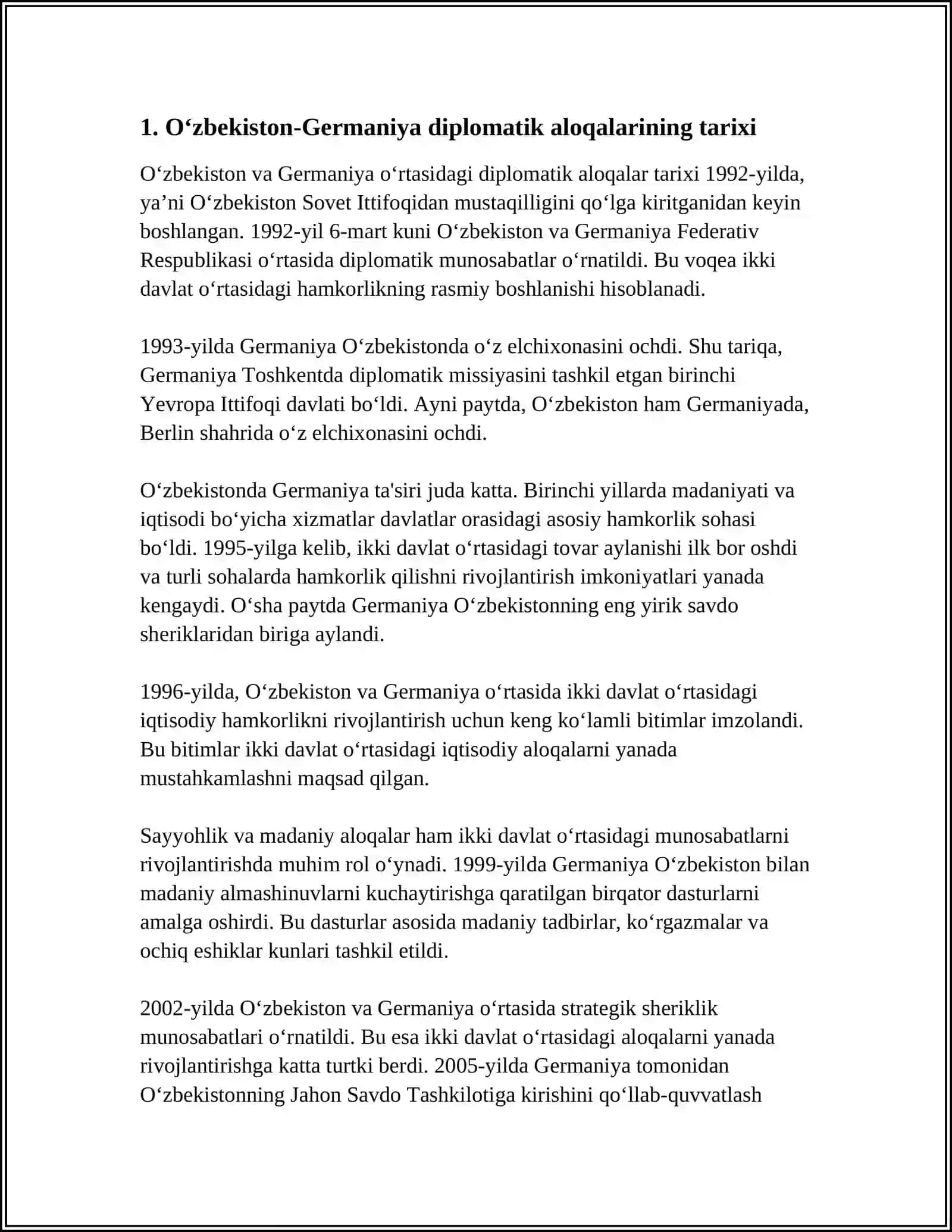 O'ZBEKISTON VA GERMANIYA FEDERATIV RESPUBLIKASI O'RTASIDAGI HAMKORLIK ALOQALARINING YO'LGA QO'YILISHI, ISTIQBOLLI REJALAR TO'G'RISIDA 3