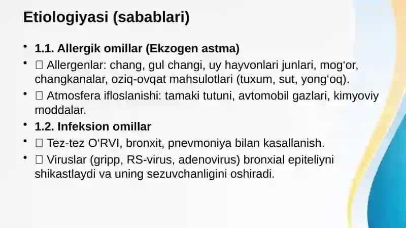 Bolalar va chaqaloqlarda Bronxial asma tasnifi klinikasi etiopatogenezi klassifikatsiasi davolash profilaktikasi 3