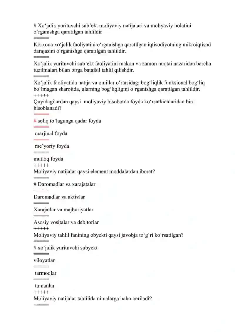 Moliyaviy tahlil test savollari 3
