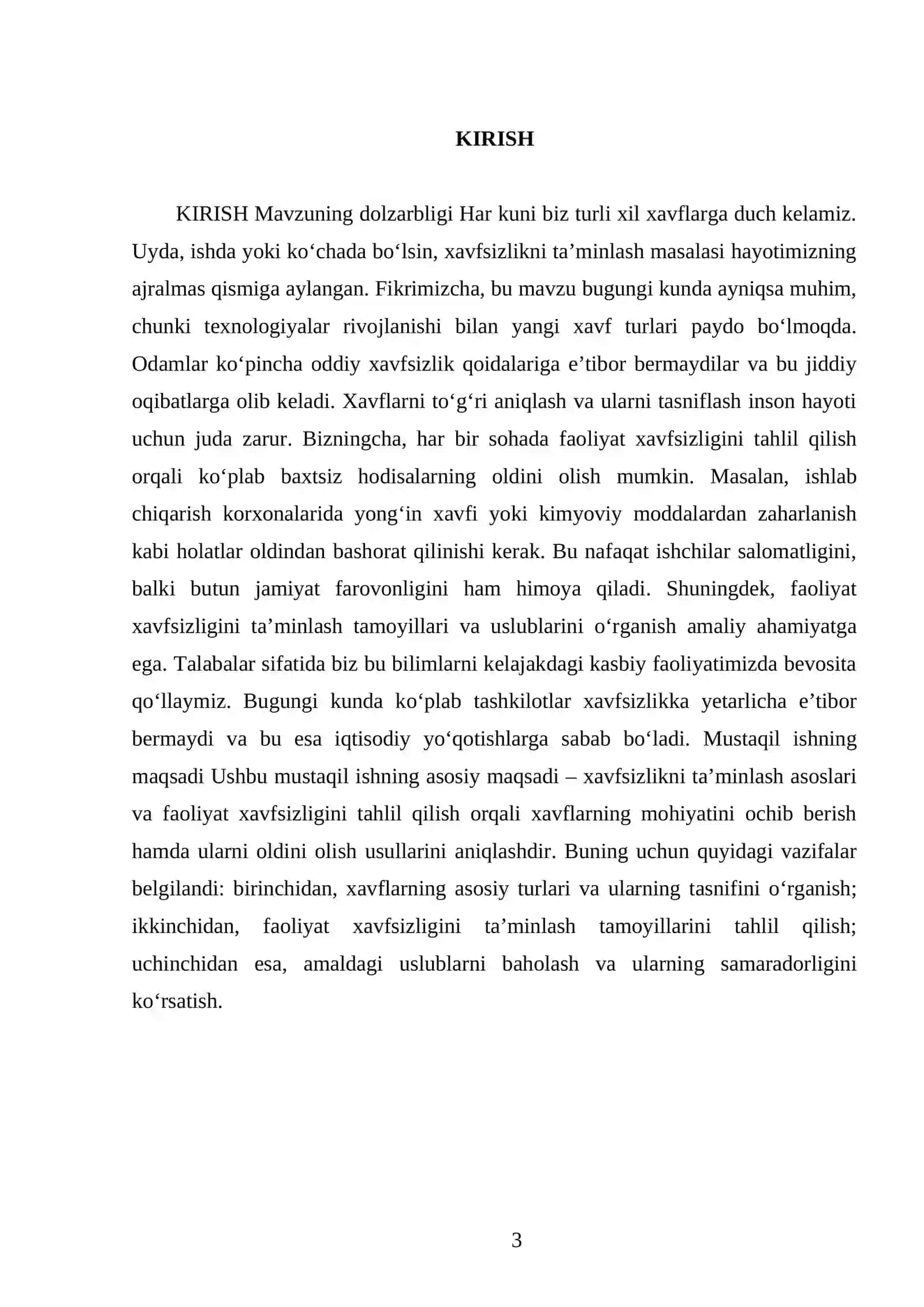 Xavfsizlikni ta’minlash asoslari va faoliyat xavfsizligini tahlil qilish. Xavflar, ularning tasnifi. Faoliyat xavfsizligini ta’minlash tamoyillari, uslublari 3