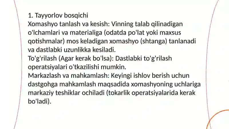 Yurish vintlarga mexanik ishlov berish texnologik jarayonlarining bosqichlari 3