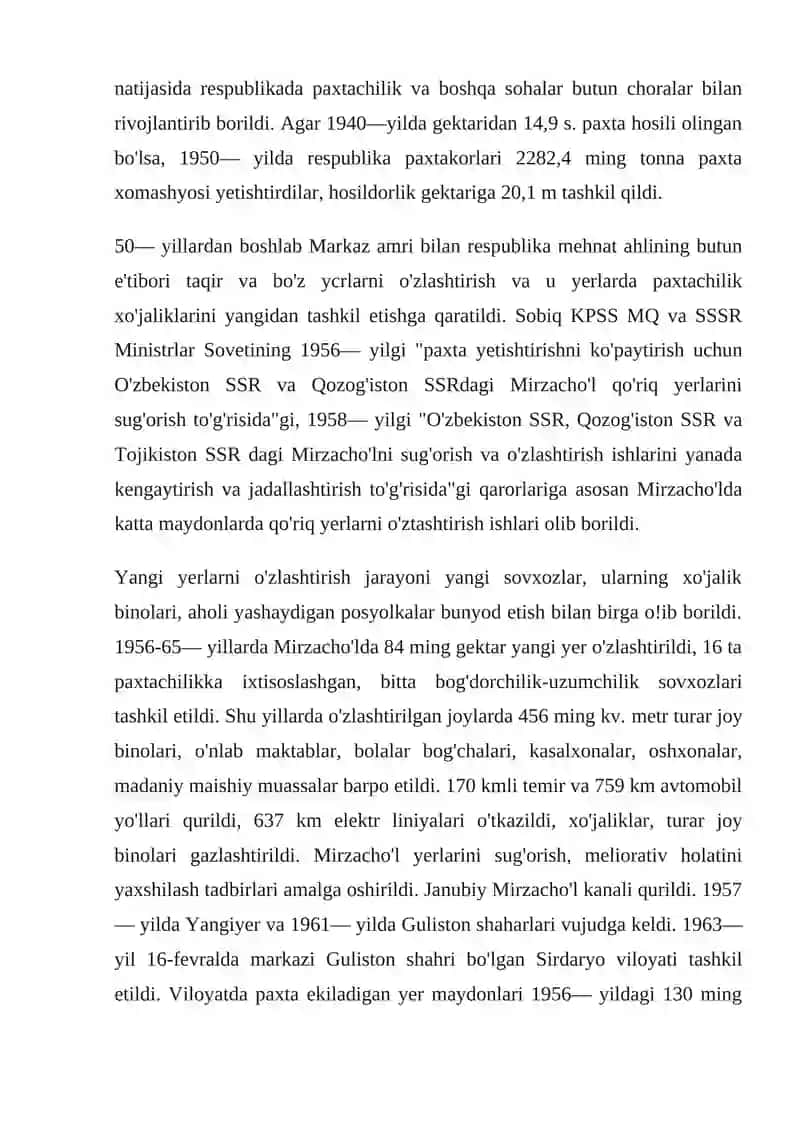 O’zbekistonda 50-70 yillarda paxta yakka hokimligining kuchayishi va ekalogik muammolarning kelib chiqishi 3