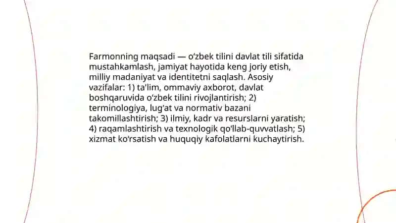 Mamlakatimizda oʻzbek tilini yanada rivojlantirish va takomillashtirish boʻyicha chora-tadbirlari 3