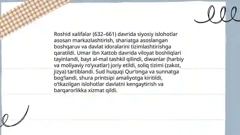 Roshid xalifalar hukmronligi davridagi islohotlarning mohiyati 3