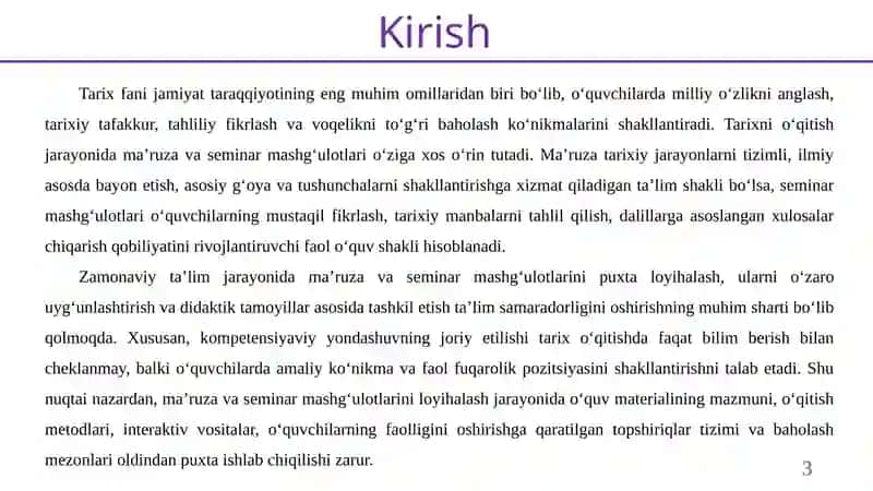 Tarix fanini o‘qitishda ma’ruza va seminar mashg‘ulotlarini loyihalashtirish 3