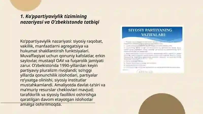 Ko’ppartiyaviylik tizimi, O’zbekistonda siyosiy partiyalarning siyosiy islohotlardagi o’rni 3