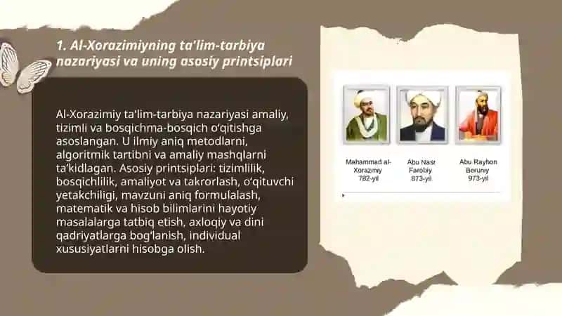 Sharq uyg'onish davrida pedagogik fikr taraqqiyoti (Al-Xorazimiy, al-Farobiy, Abu Rayhon Beruniy, Abu Ali ibn Sinoning) ta'lim-tarbiyaga oid qarashlari 3