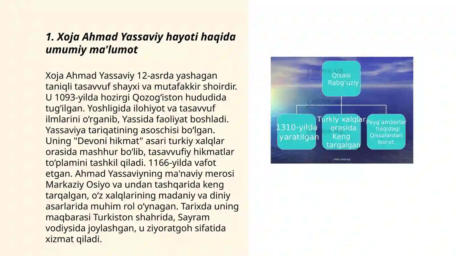Xoja Ahmad Yassaviy hayoti va ijodini grafik organayzerlar yordamida oʻrganish 3