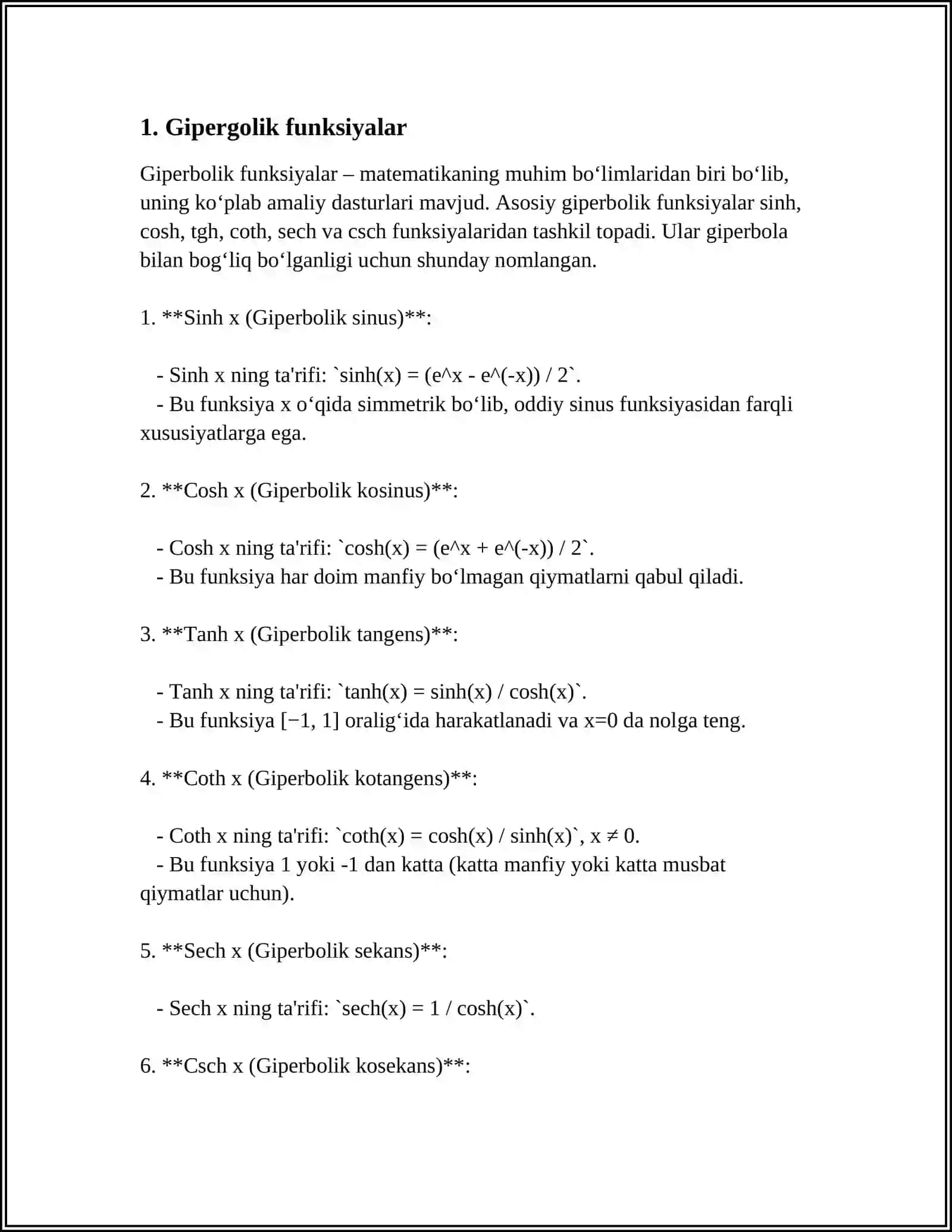 GIPERBOLIK VA TESKARI GIPERBOLIK FUNKSIYALAR. YOPIQ EGRI CHIZIQ BOʻYICHA OLINGAN INTEGRAL 3
