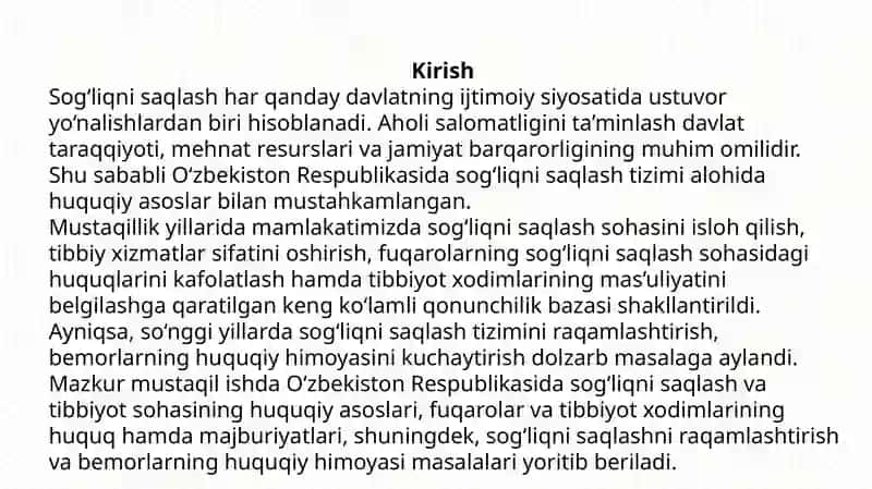 O'zbekiston Respublikasi qonunchiligida sog'liqni saqlash va tibbiyotga oid masalalar 3