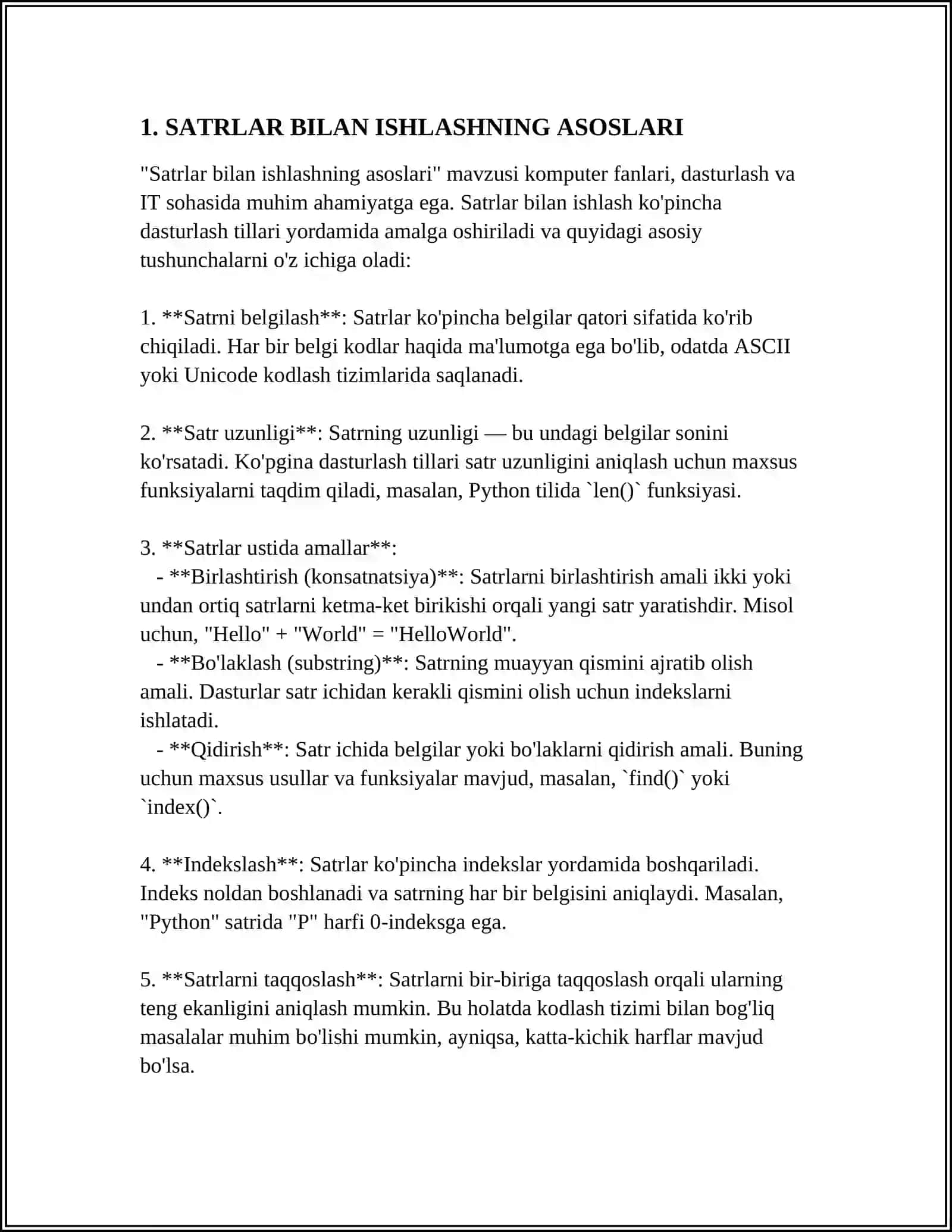 MUSTAQIL ISH Mavzu: SATRLAR BILAN ISHLASH 3