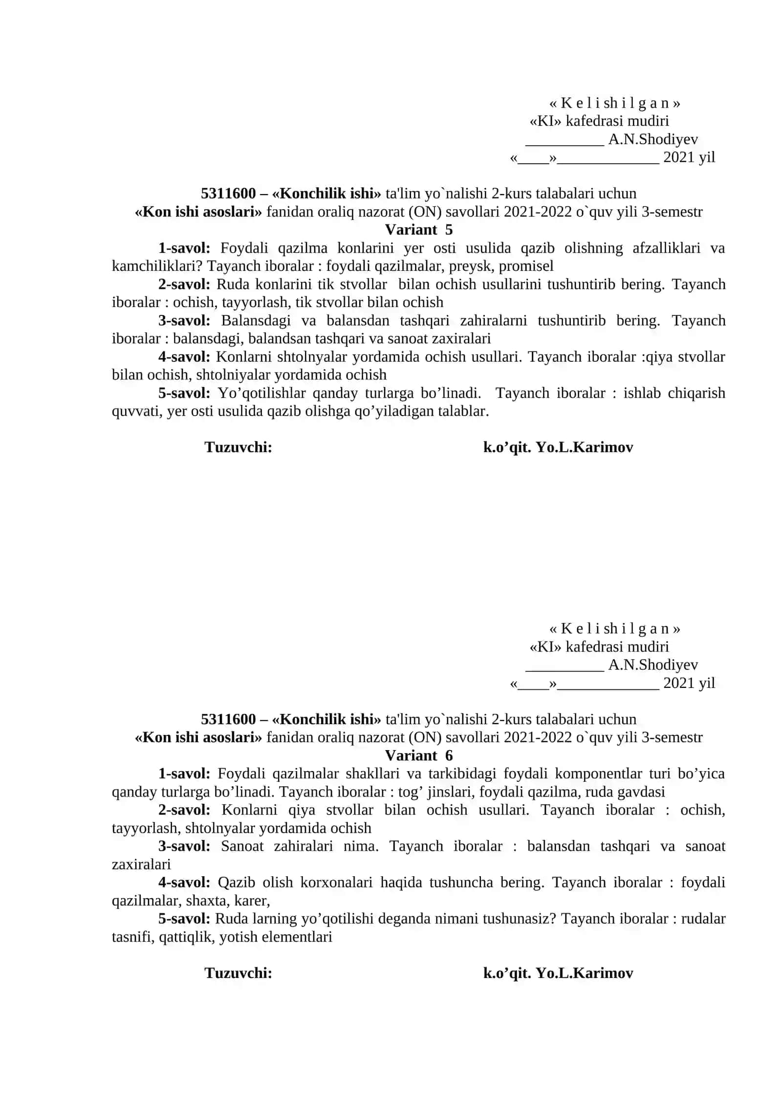Kon ishi asoslari fanidan oraliq nazorat (ON) savollari 3