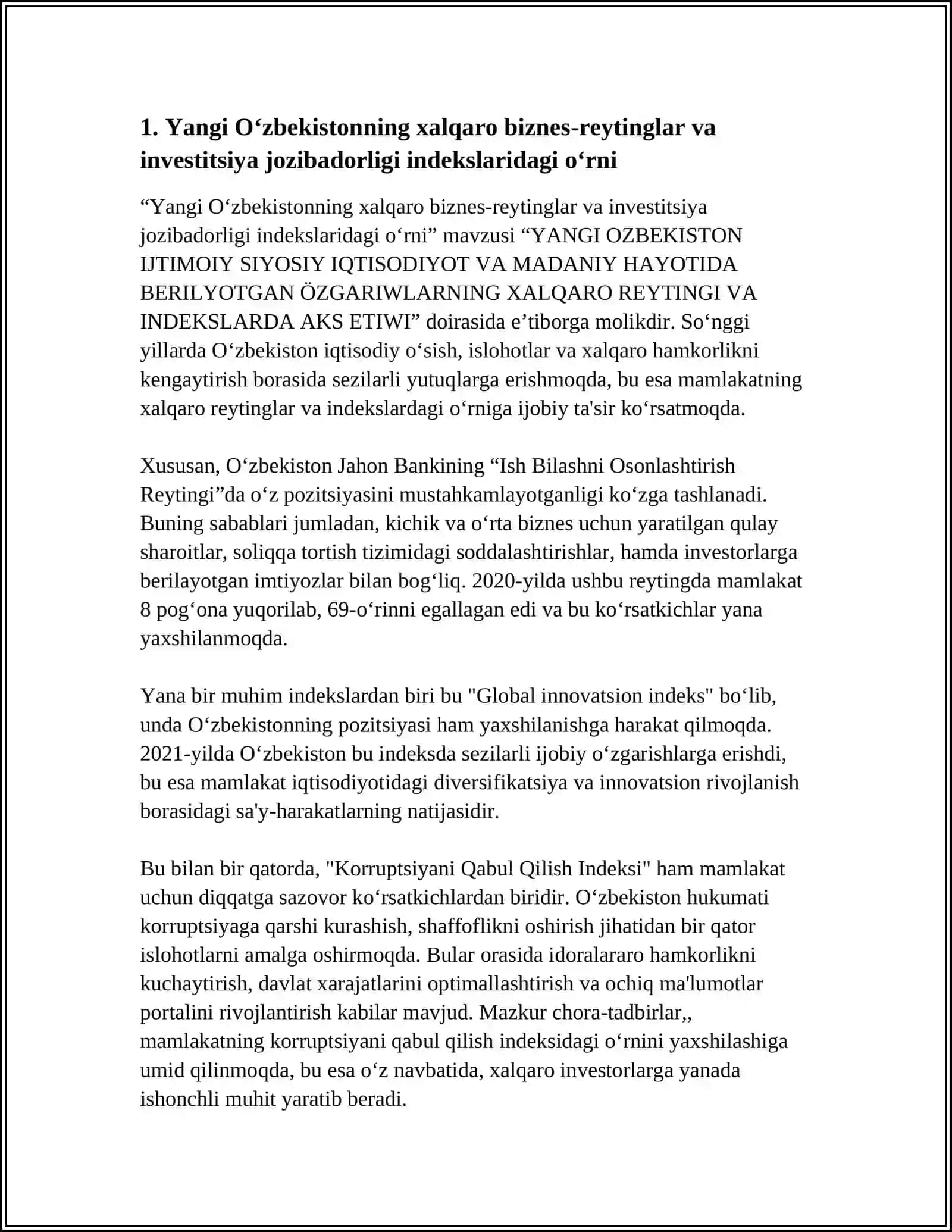 Yangi O‘zbekistonning xalqaro biznes‑reytinglar va investitsiya jozibadorligi indekslaridagi o‘rni 3